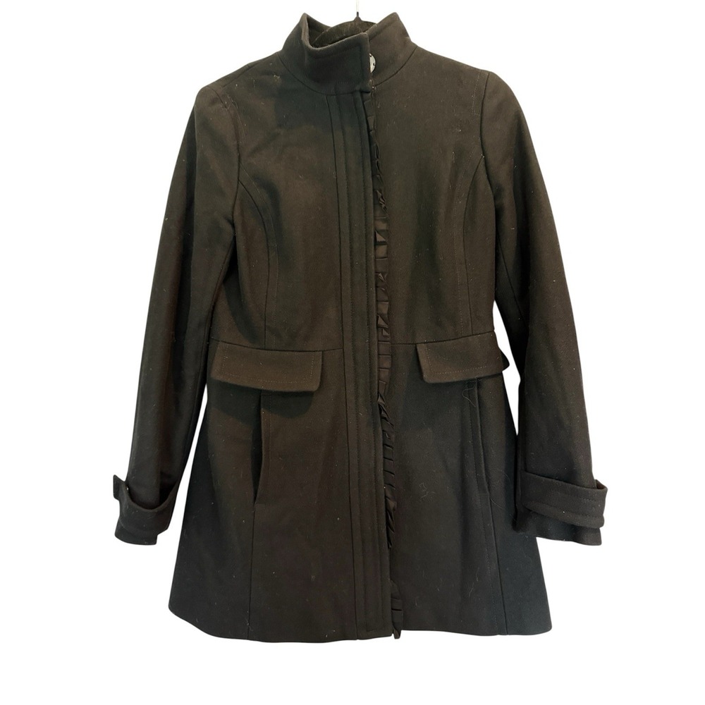 Banana Republic Women Coat Wool Blend Italian Fabric Black Ruffle Placket  Sz S